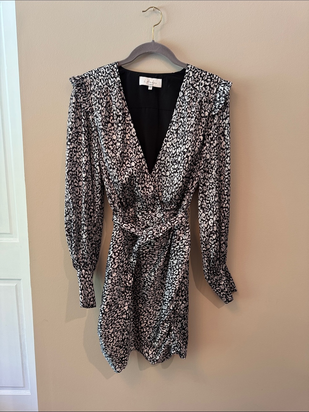 ĽAcademie Black & White Long-Sleeve Wrap Dress with Tie Waist